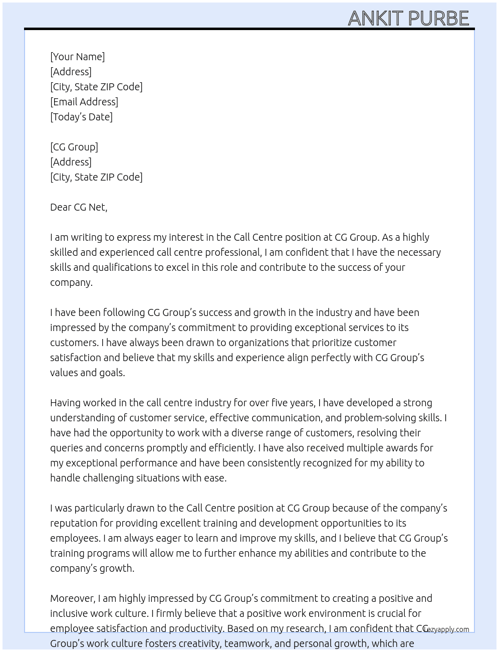Call centre  At CG Group  Cover Letter