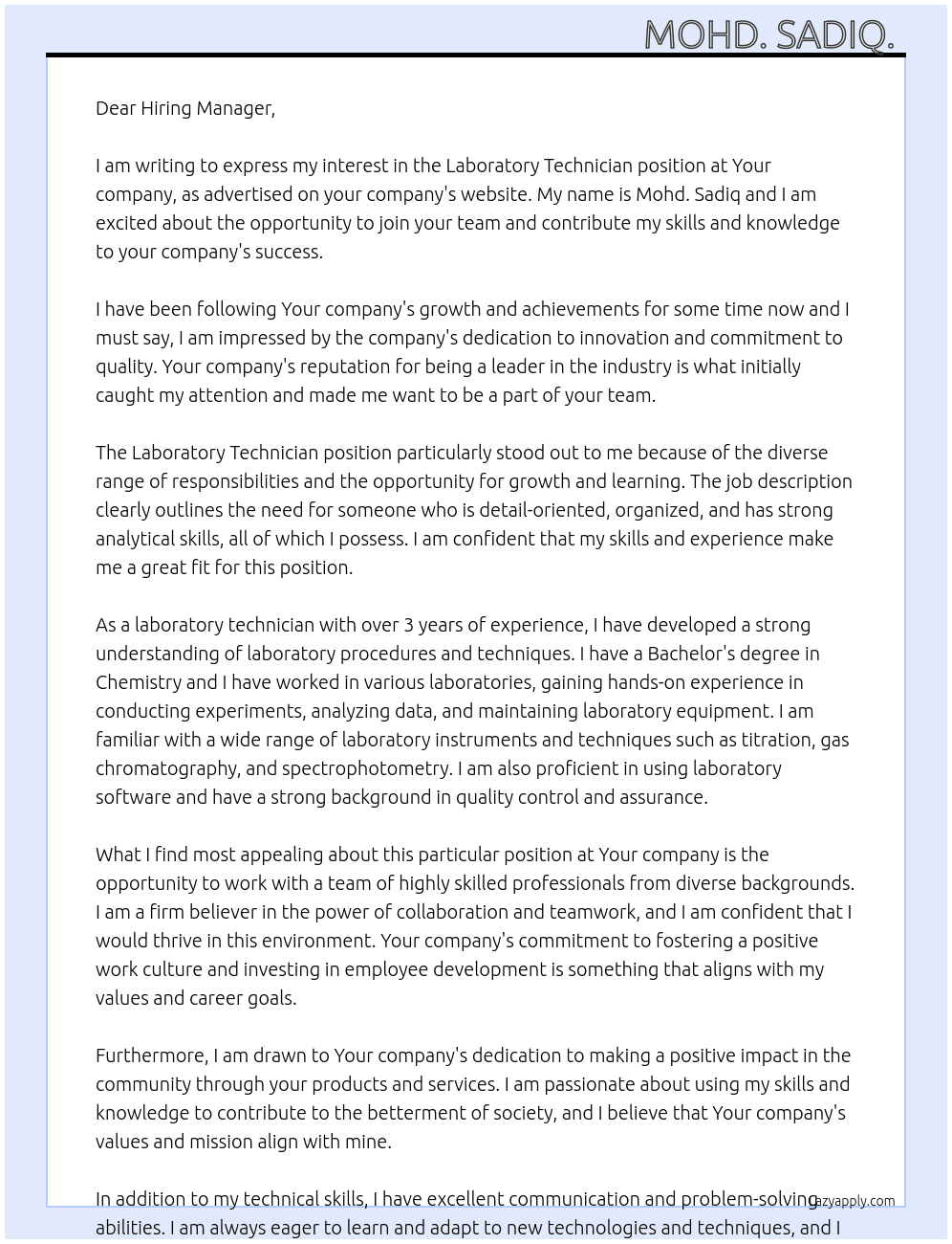 Laboratory Technician At Your company Cover Letter