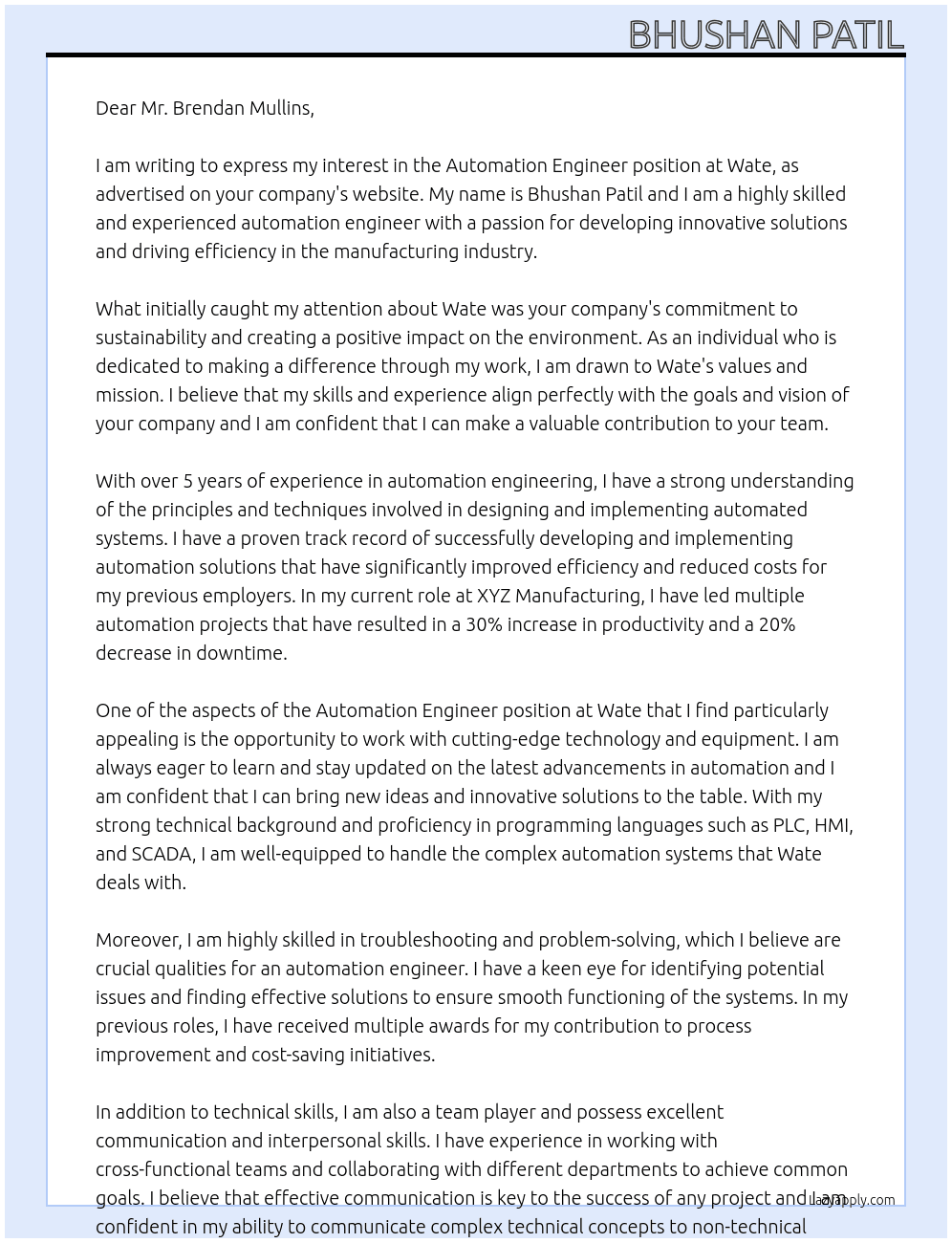 Automation Engineer At Wate Cover Letter