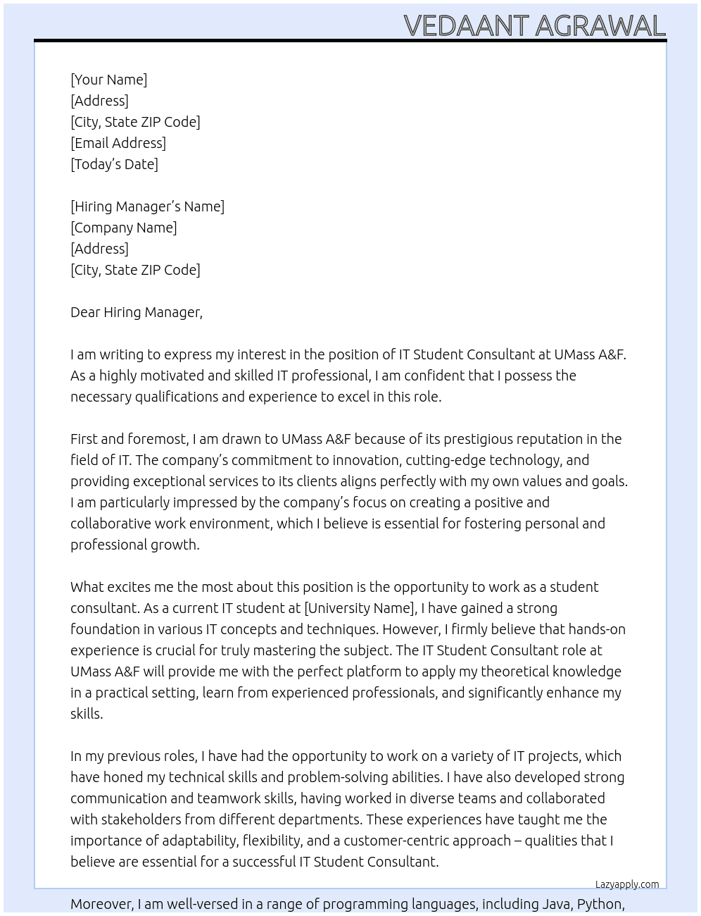 IT Student Consultant At UMass A&F Cover Letter