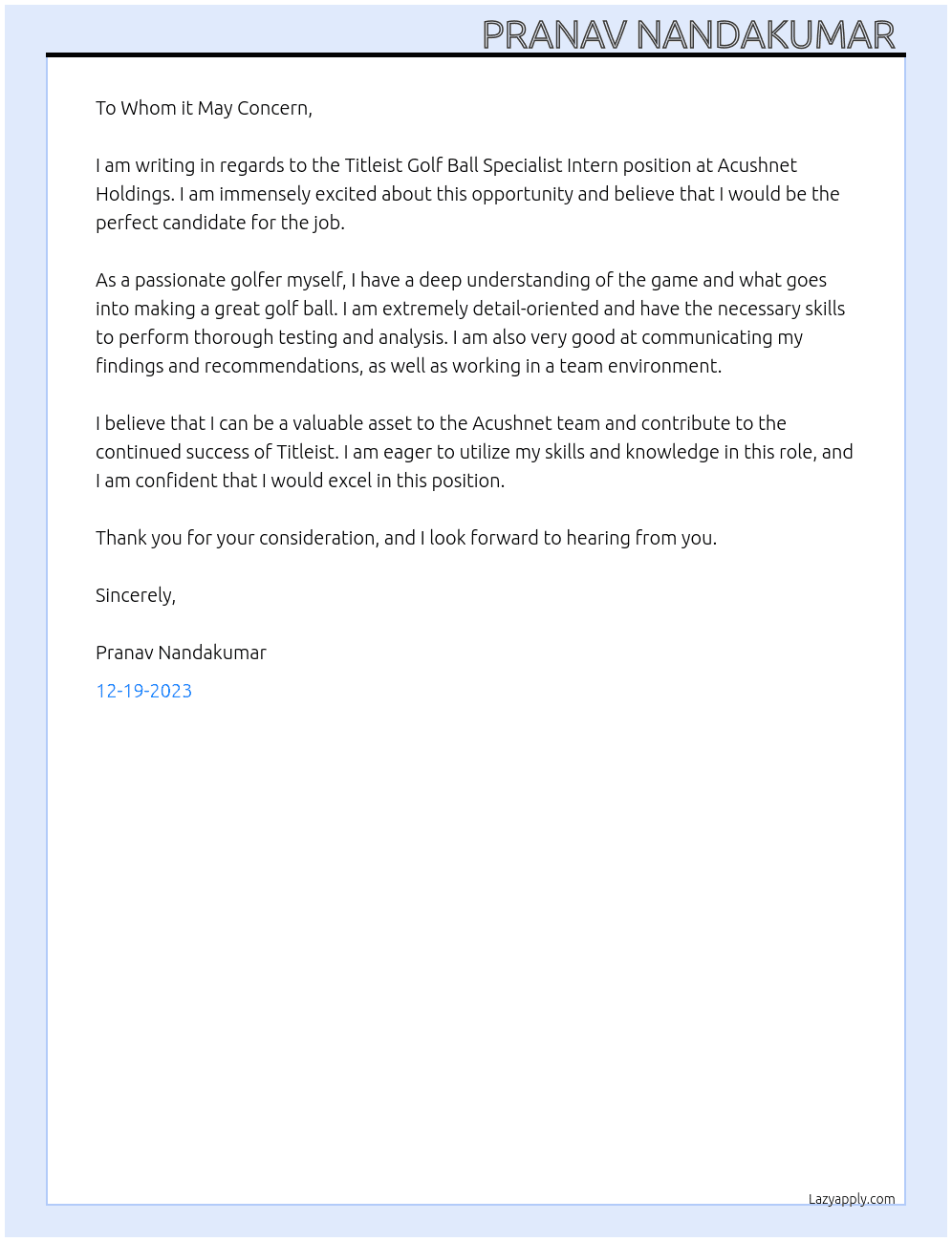 Titleist Golf Ball Specialist Intern At Acushnet Holdings Cover Letter