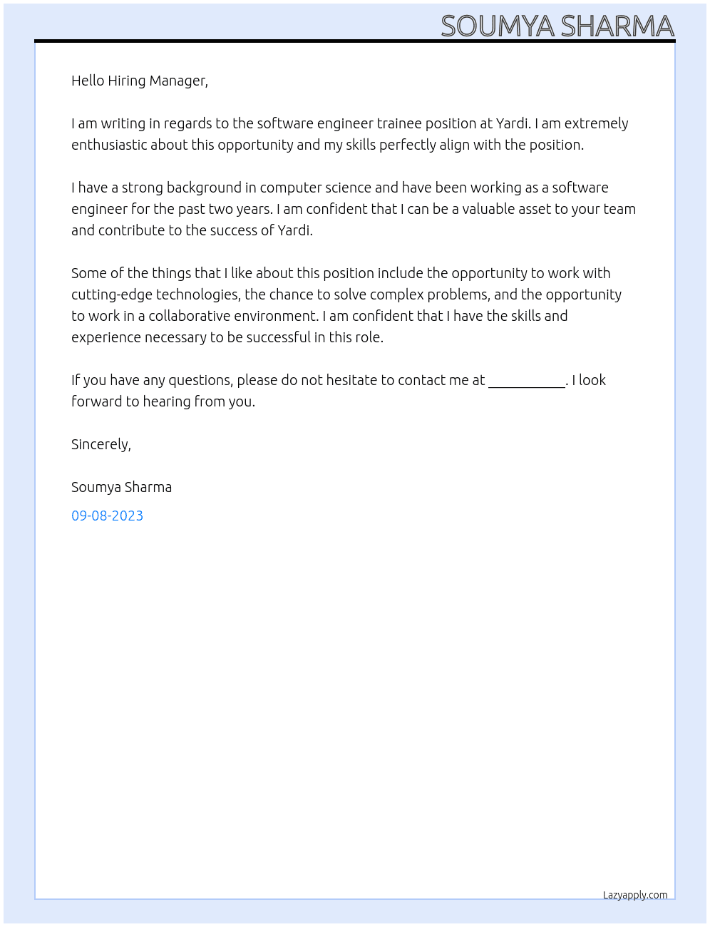 Software engineer trainee At Yardi Cover Letter