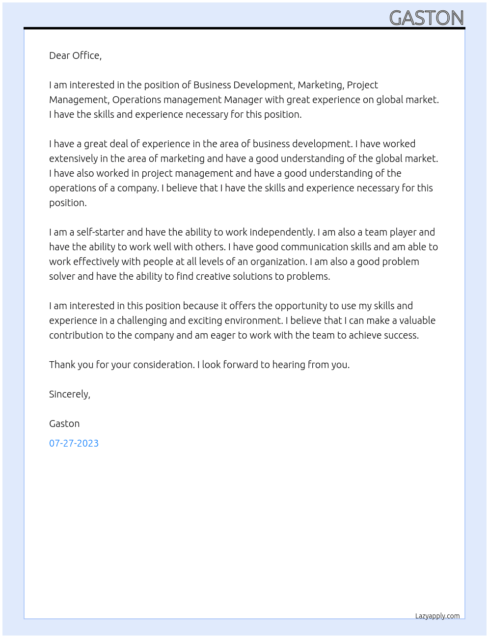 Business Development, Marketing, Project Management, Operations management Manager with great experience on global market At ELECTREE Cover Letter