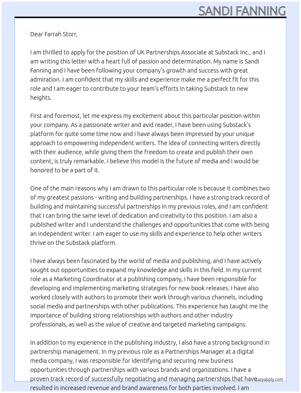 UK Partnerships Associate At Substack Inc. Cover Letter