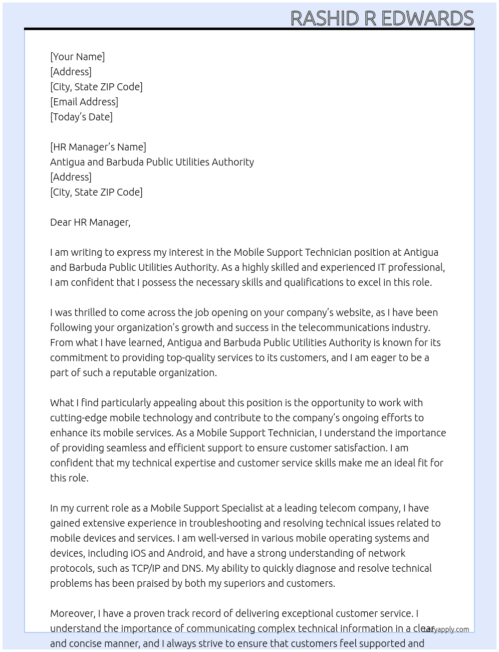Mobile Support Technician  At Antigua and Barbuda Public Utilites Authority  Cover Letter