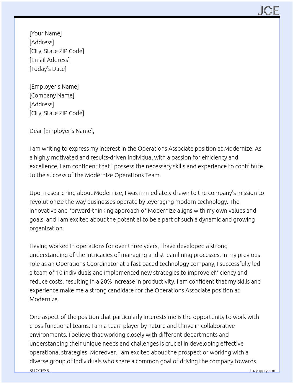 Operations Associate At Modernize Cover Letter
