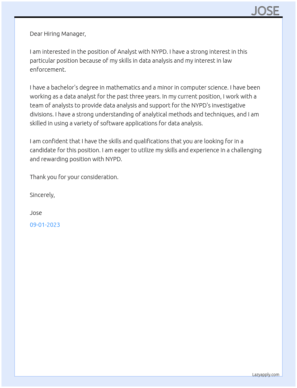 Analysts  At NYPD Cover Letter