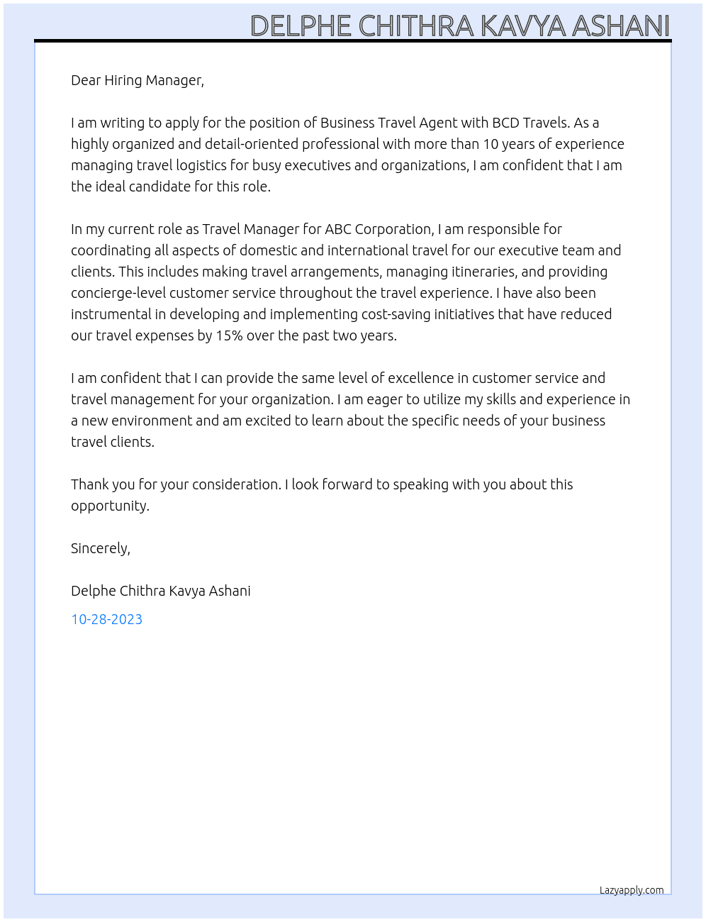 Business Travel Agent At BCD Travels  Cover Letter
