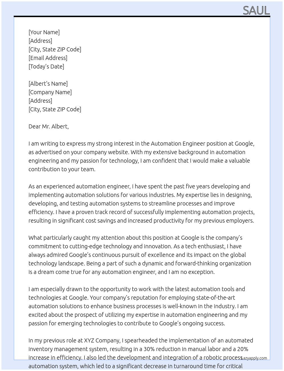 Automation Engineer At Google Cover Letter
