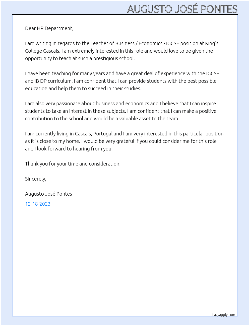 Teacher of Business / Economics - IGCSE At King's College Cascais Cover Letter