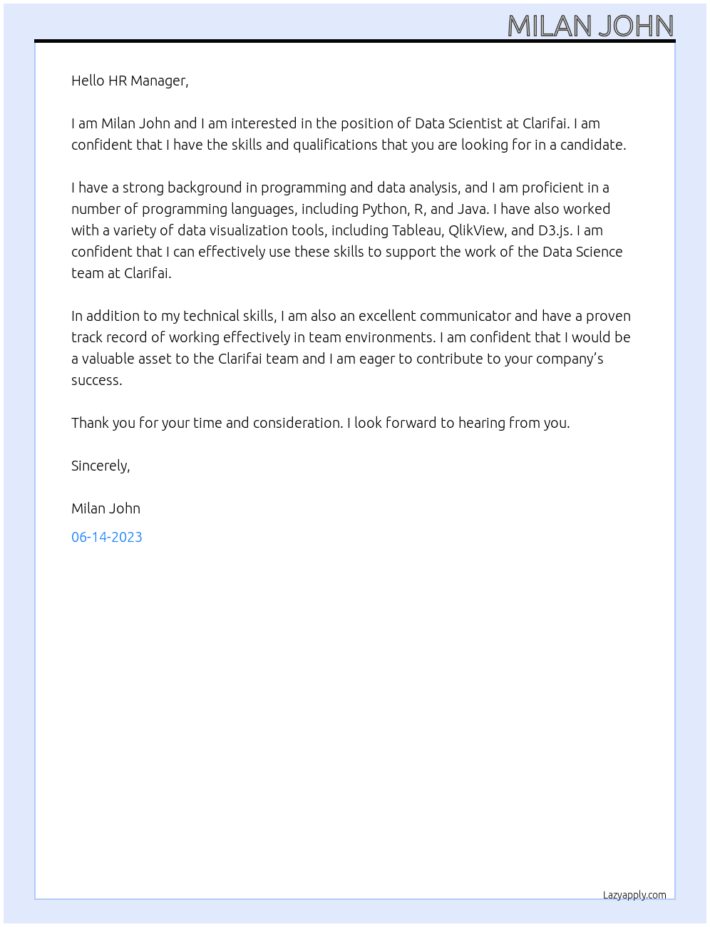 Data Scientist At Clarifai Cover Letter