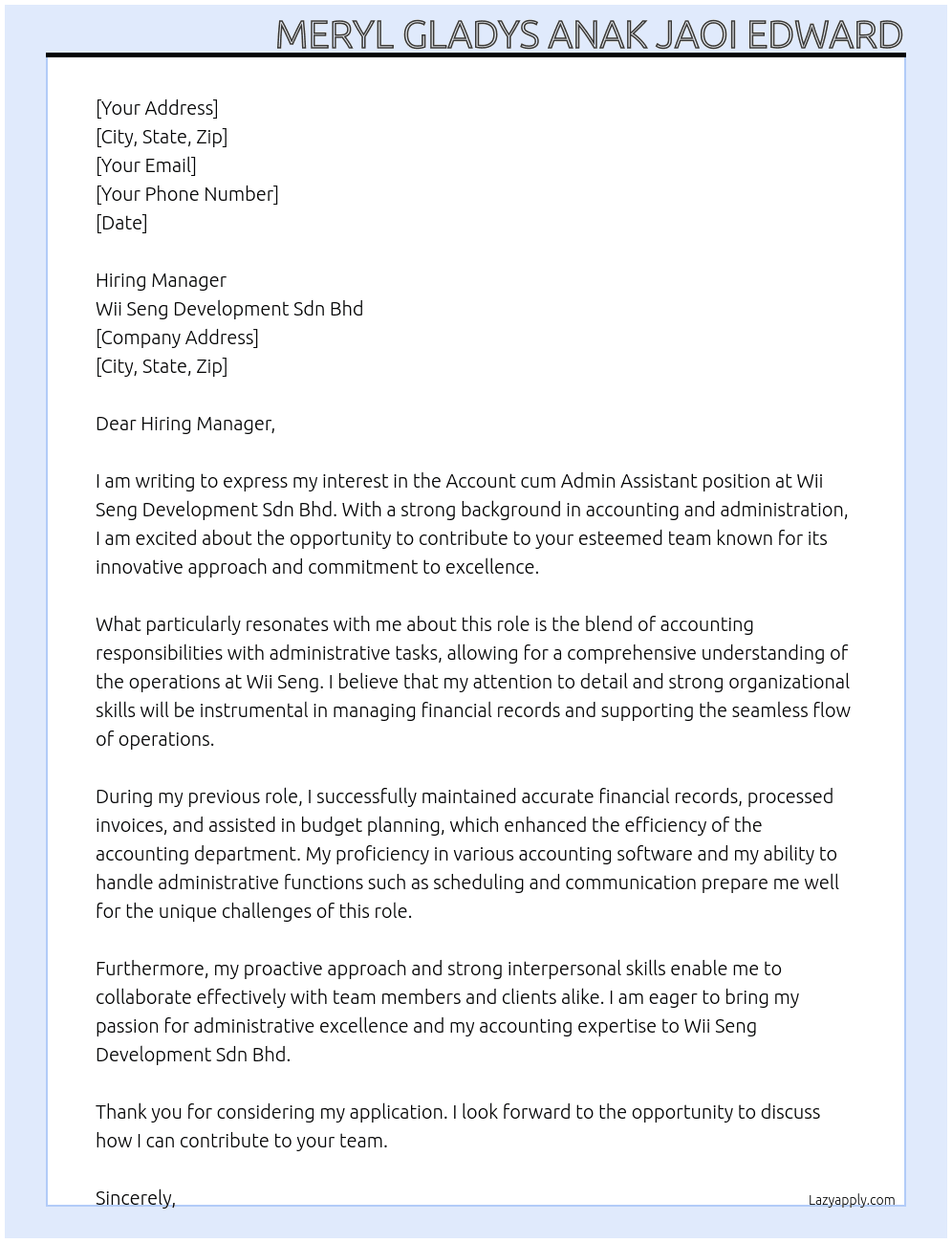 Cover letter for account cum admin assistant - LazyApply