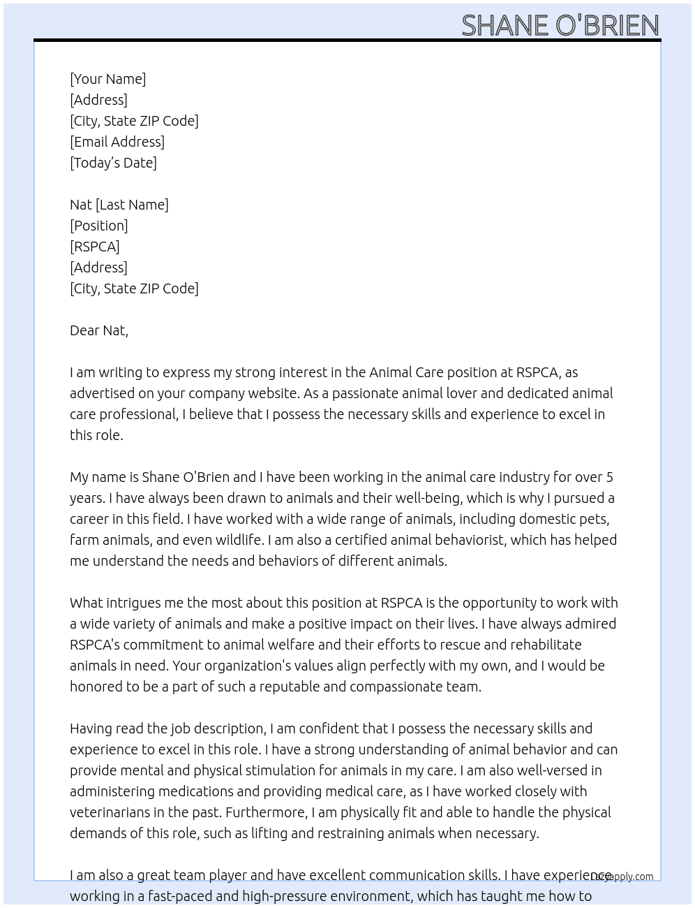 animal care At rspca Cover Letter