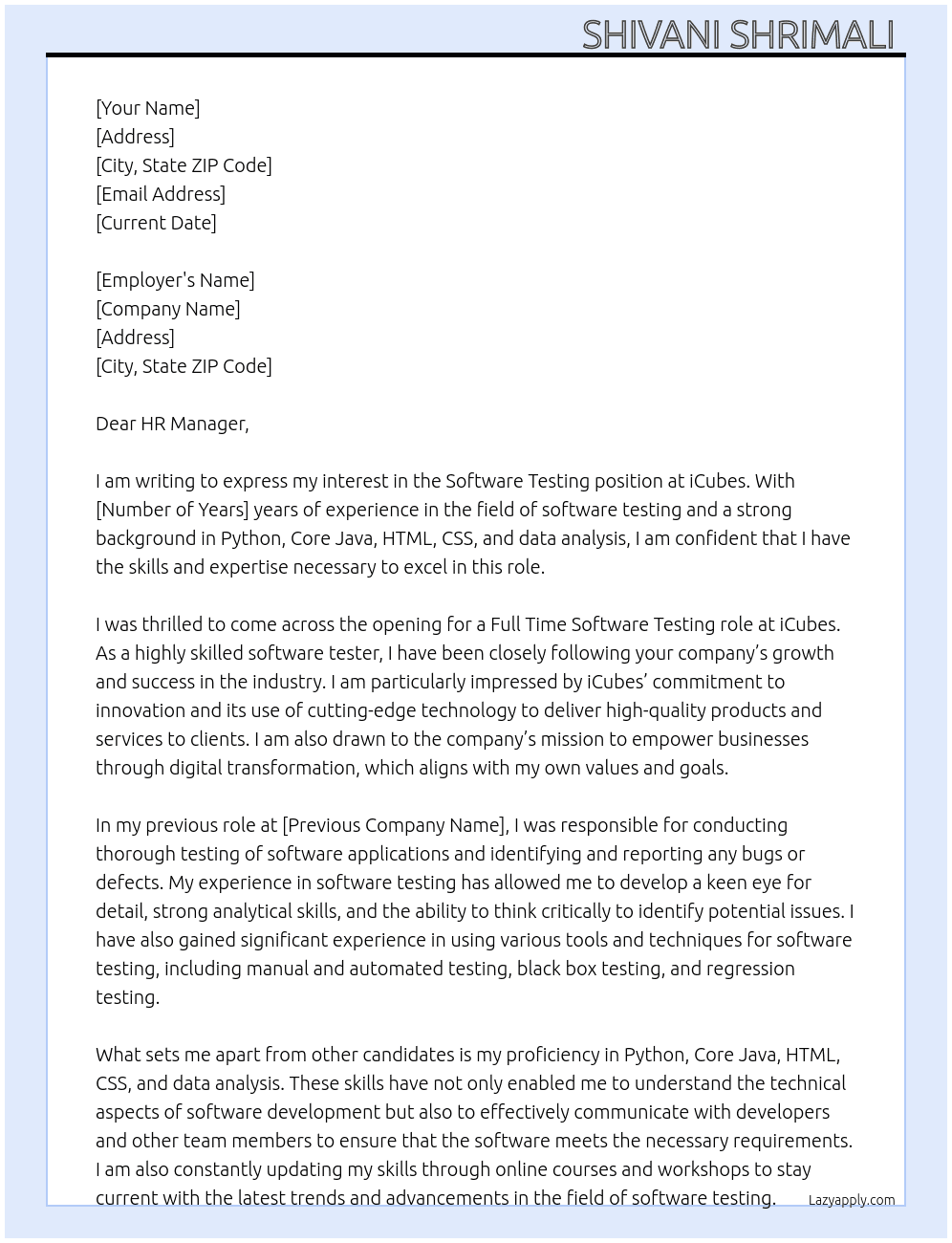 software testing At icubes Cover Letter