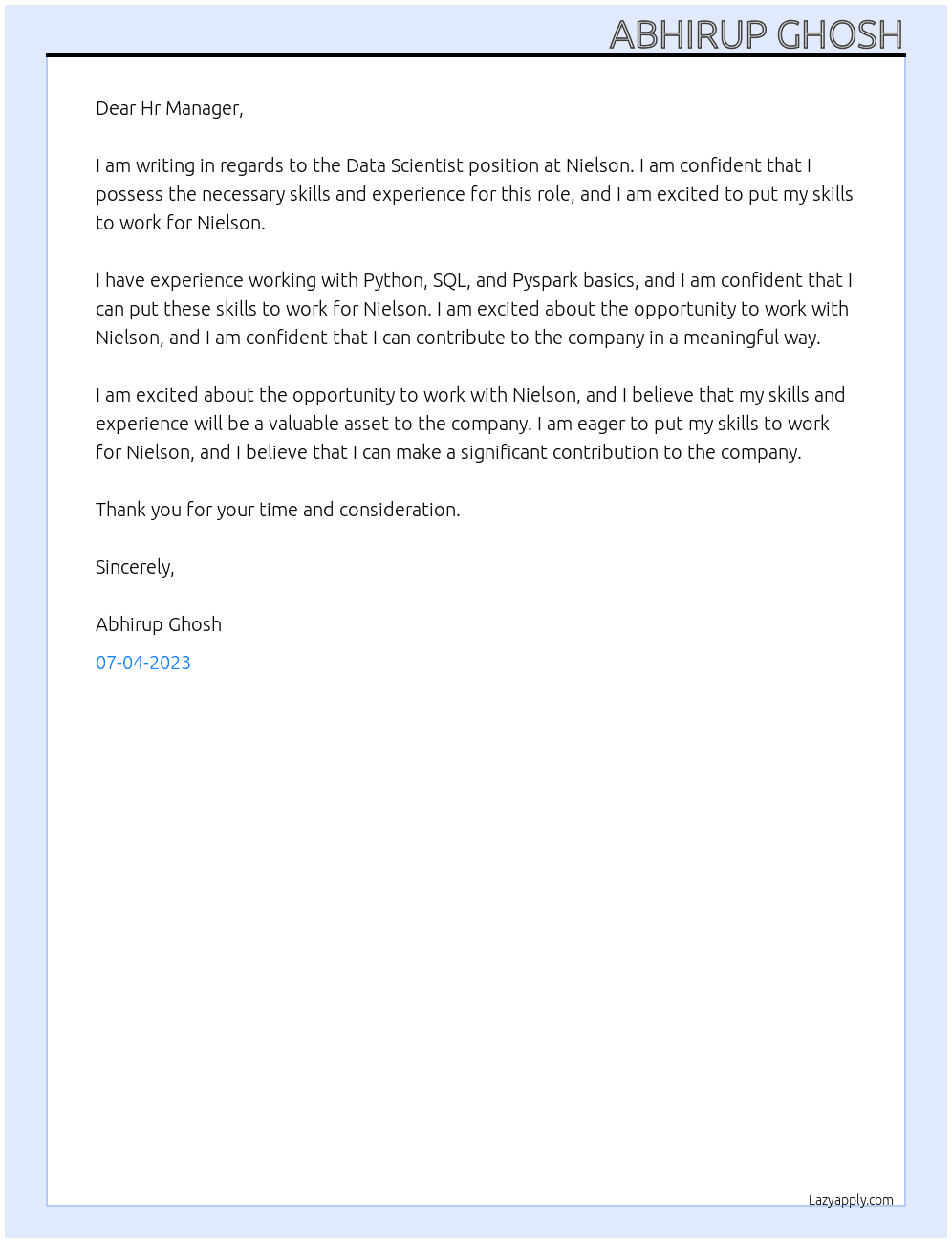 Data Scientist  At Nielson  Cover Letter
