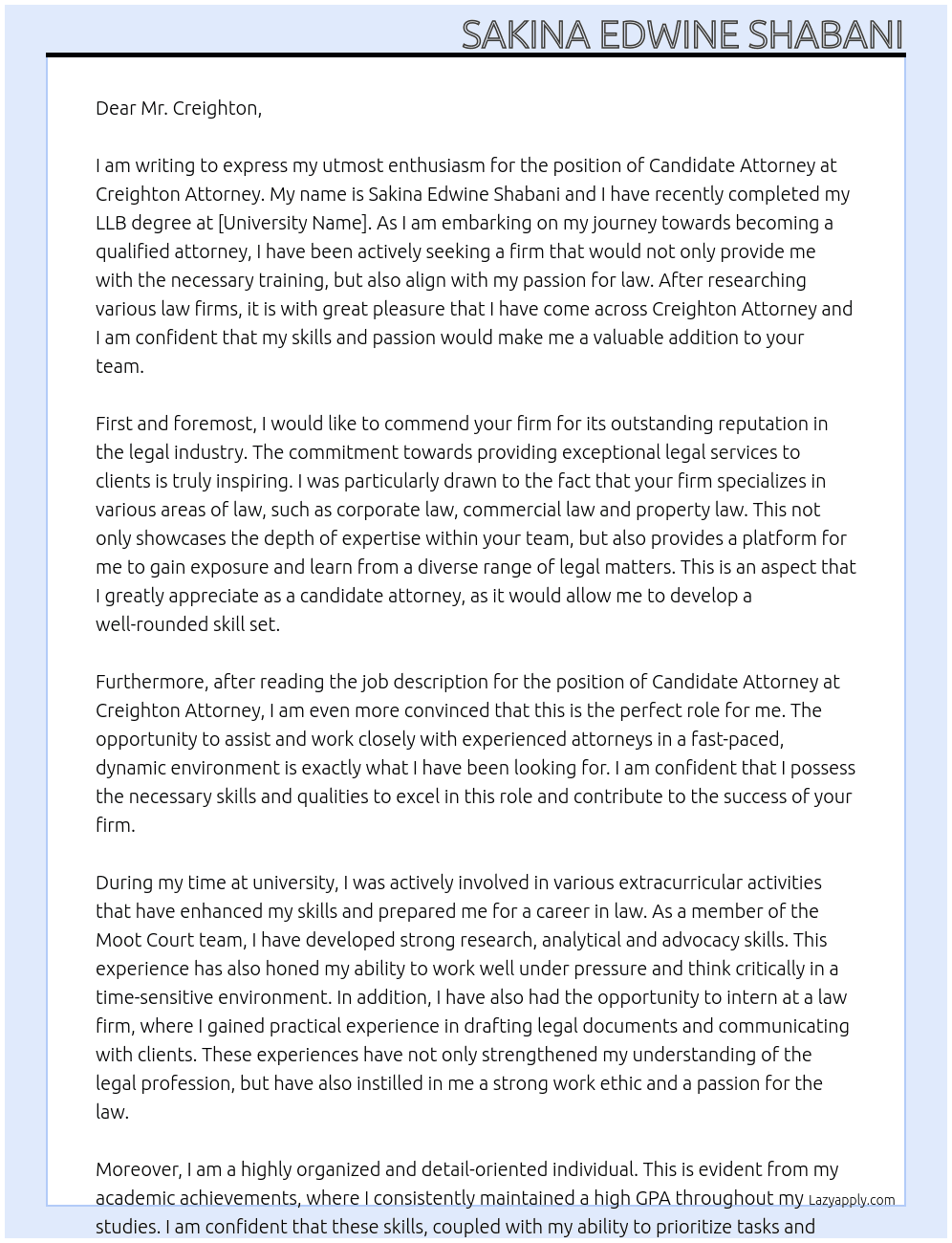 Candidate Attorney At Creighton Attorney Cover Letter
