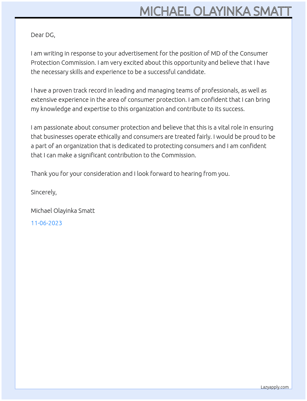 MD At Consumer Protection Commissiom Cover Letter