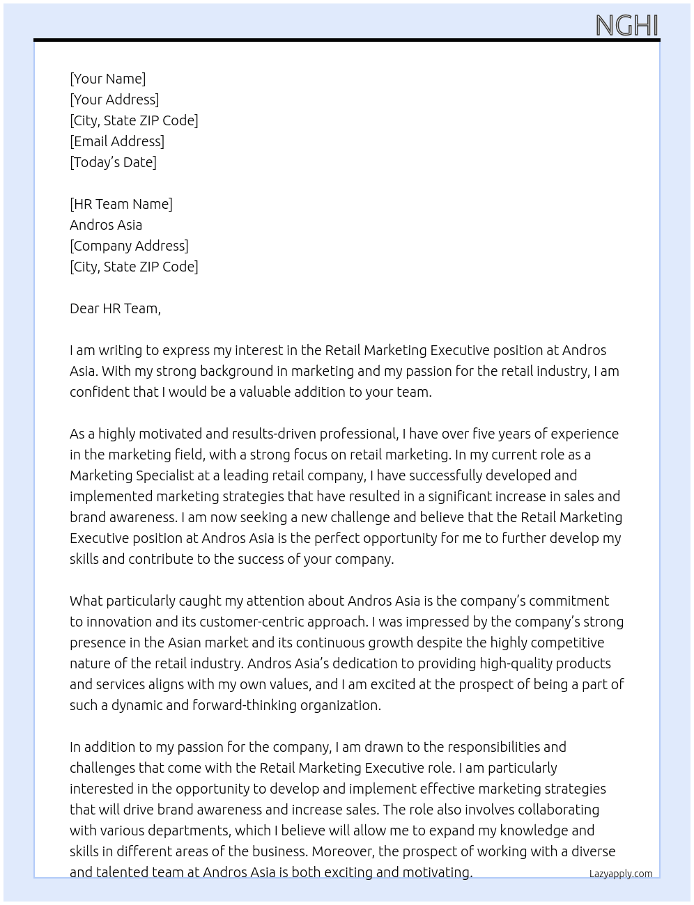 Retail Marketing Executive At Andros Asia Cover Letter