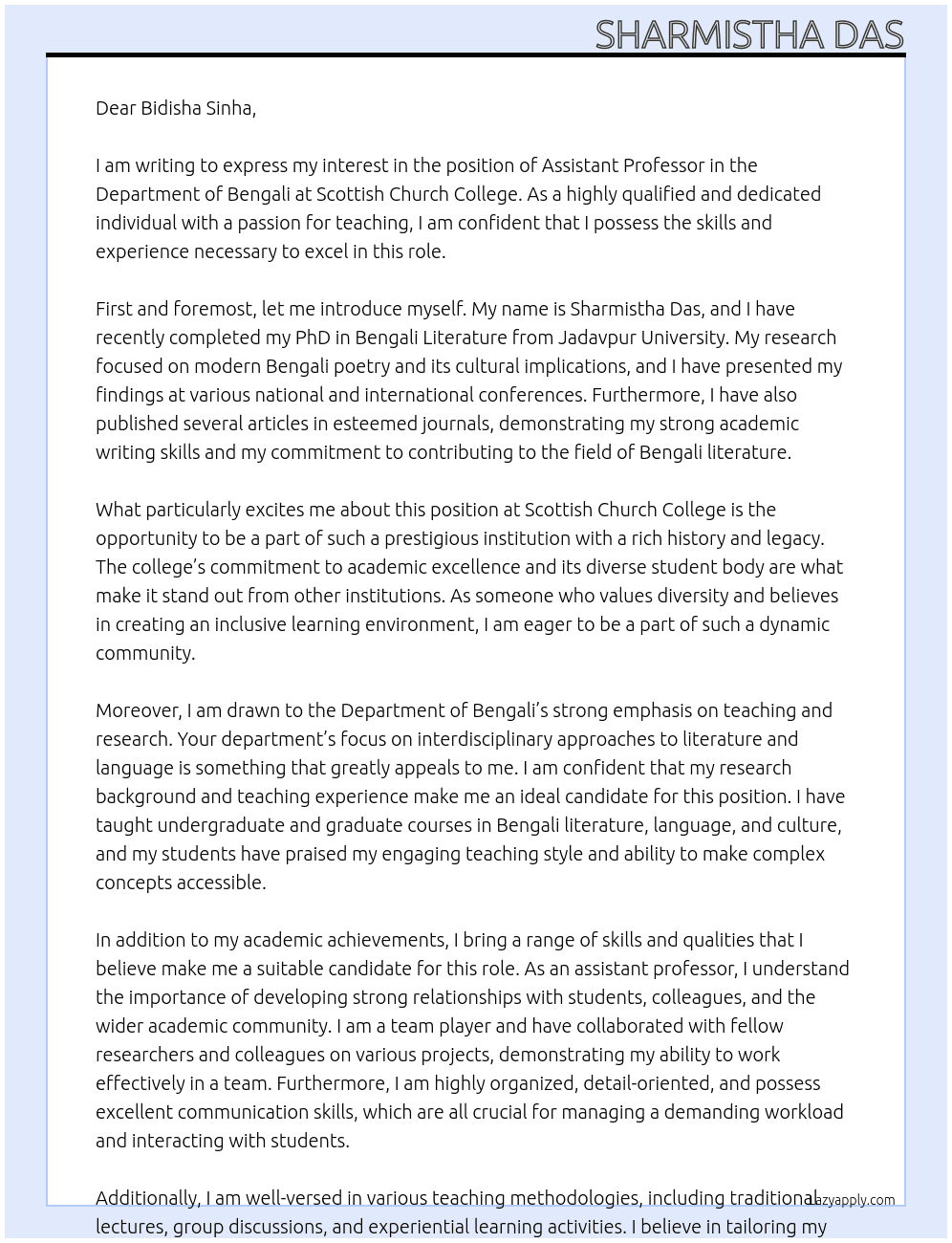 ASSISTANT PROFESSOR At SCOTTISH CHURCH COLLEGE Cover Letter