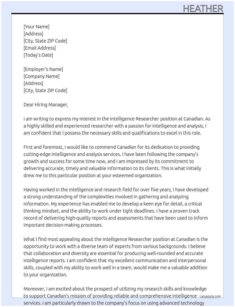 Intelligence researcher At Canadian Cover Letter