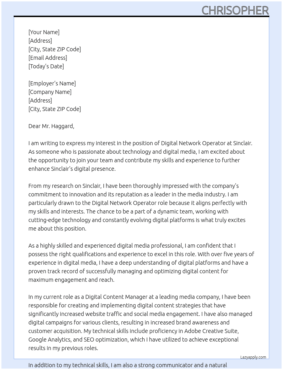 Digital Network Operator At Sinclair Cover Letter
