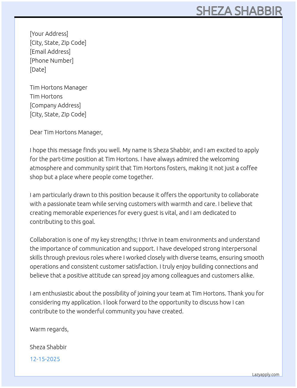 Tim Hortons At Tim Hortons Cover Letter