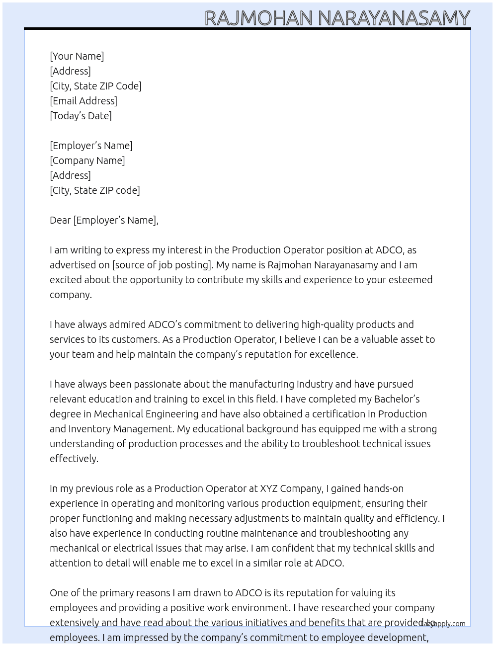 Production operator  At ADCO Cover Letter