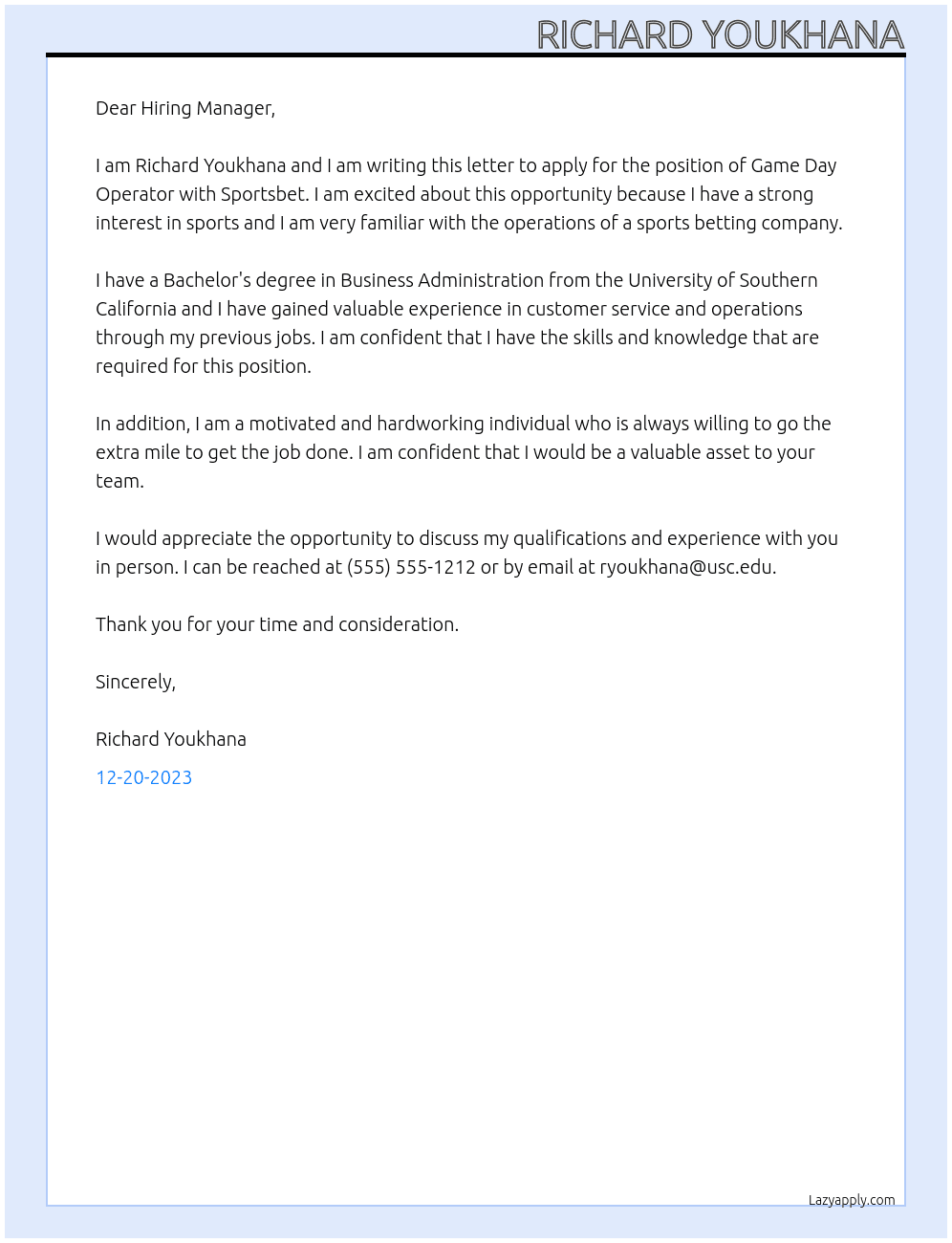 Game Day Operator At Sportsbet Cover Letter