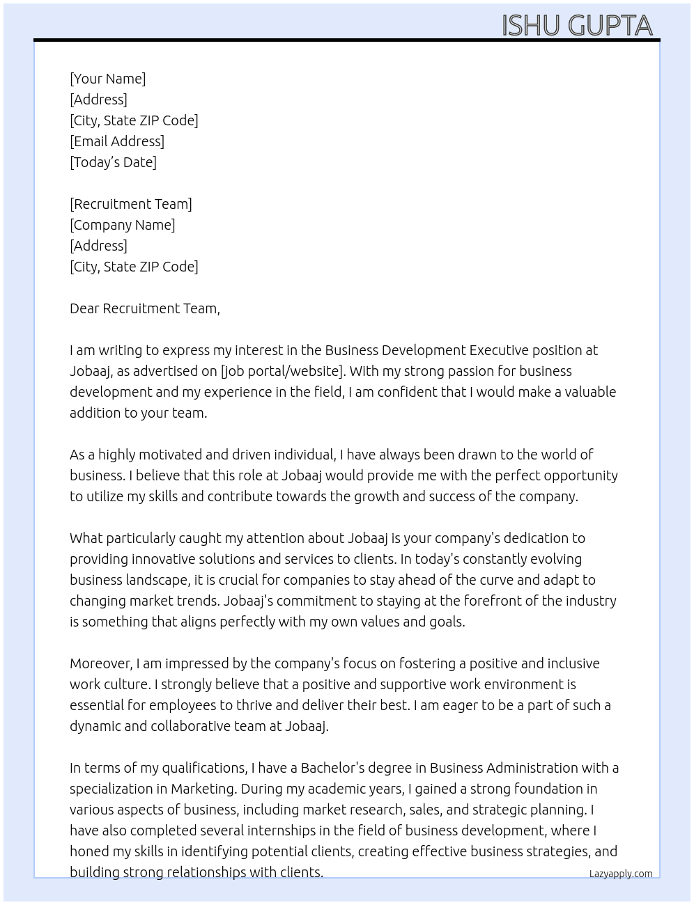 Business Development executive At Jobaaj Cover Letter