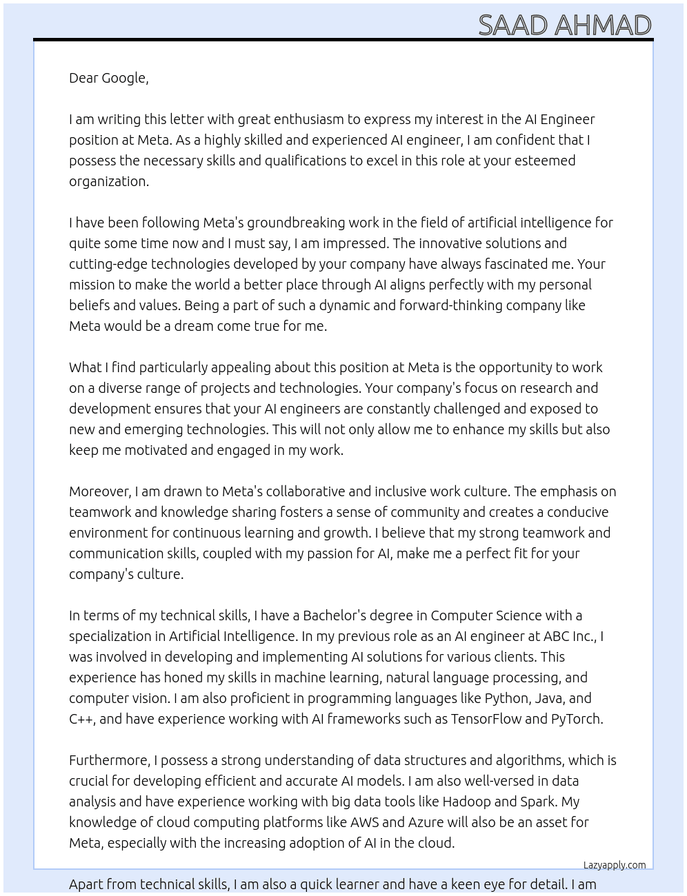 AI Engineer At Meta Cover Letter