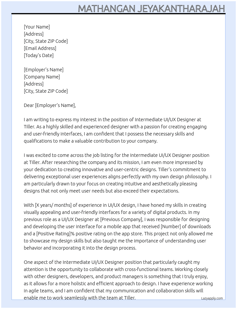 Intermediate UI/UX Designer At Tiller Cover Letter