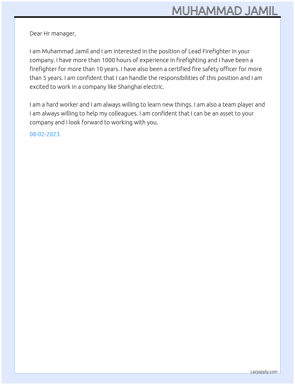 Lead Firefighter  At Shanghai electric  Cover Letter