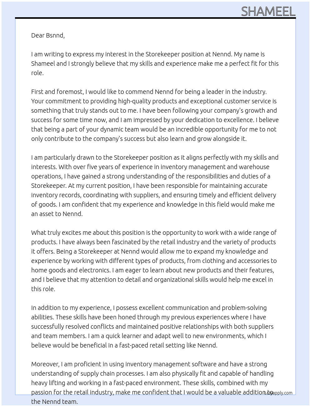 Storekeeper At Nennd Cover Letter