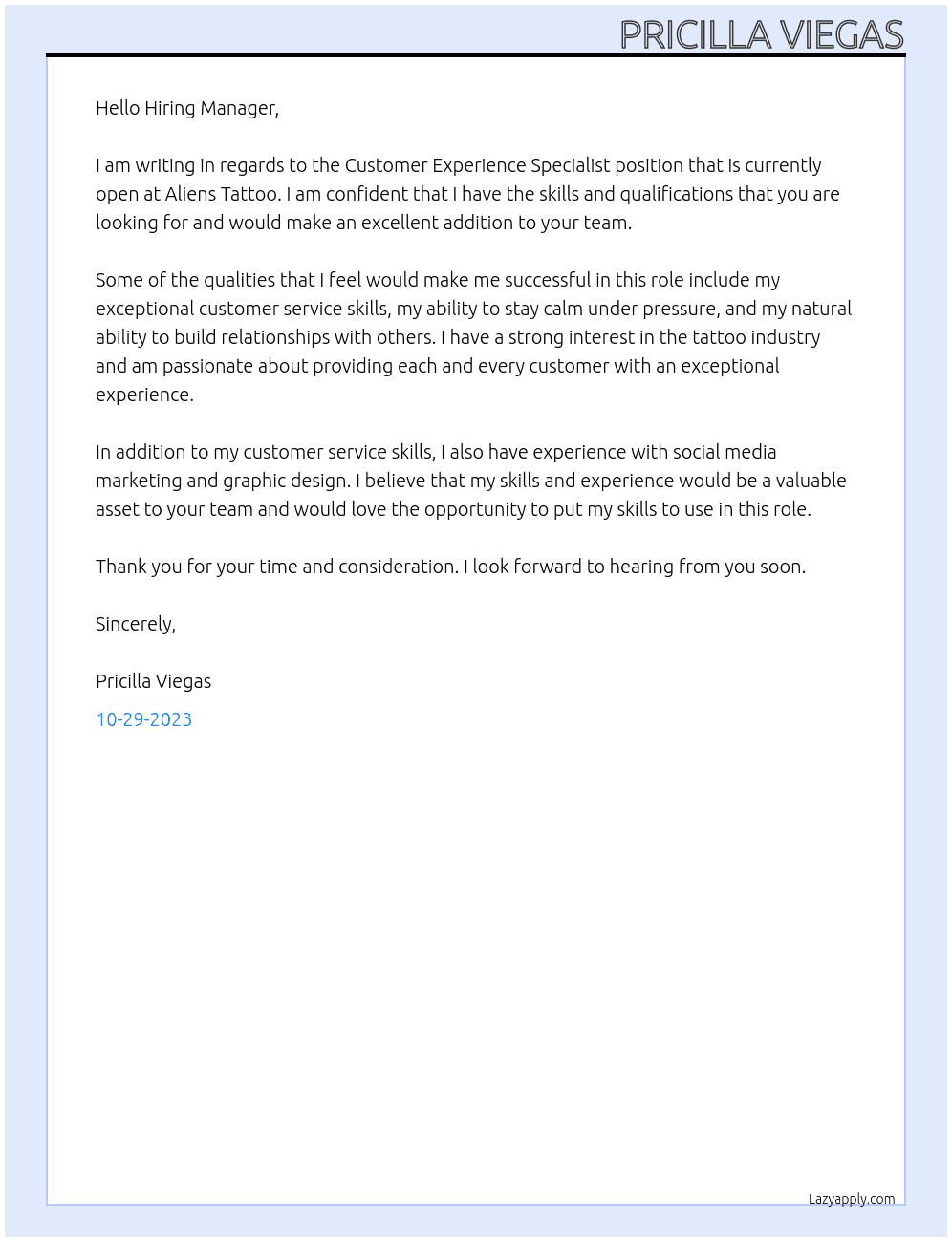 Customer Experience Specialist At Aliens Tattoo Cover Letter