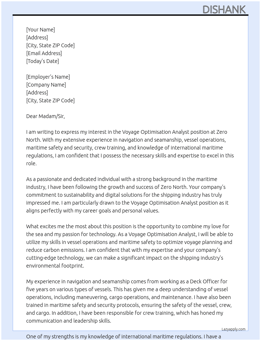 Voyage Optimisation Analyst At Zero North Cover Letter