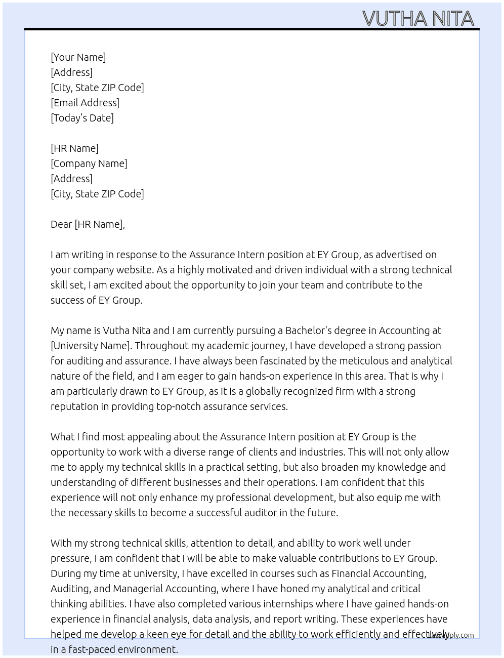 Assurance Intern At EY Group  Cover Letter