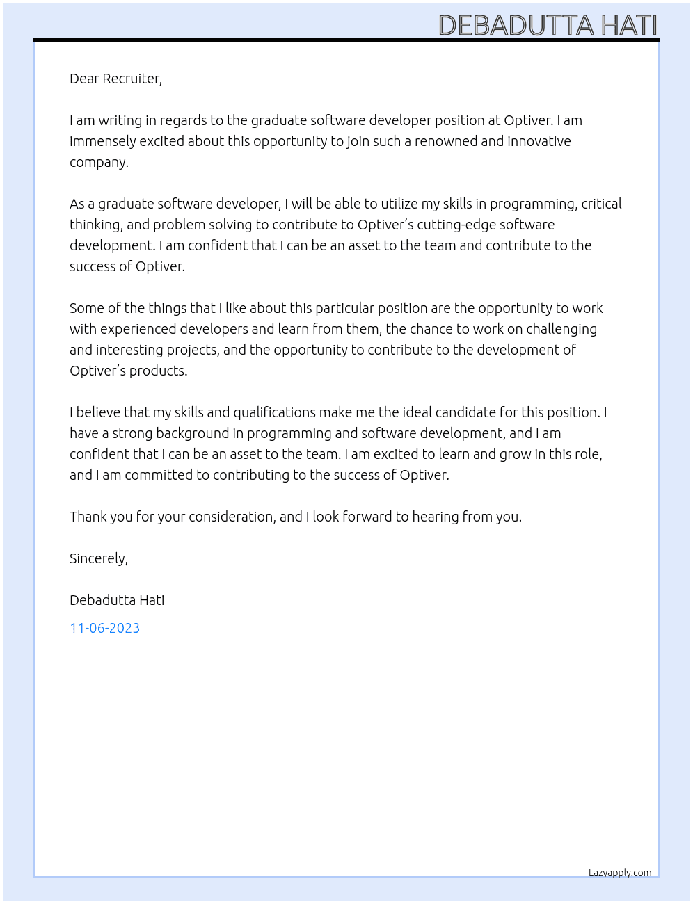 Graduate software developer At Optiver Cover Letter
