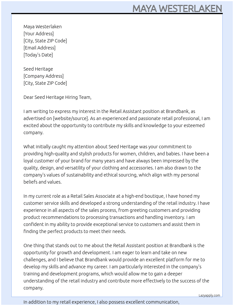 Retail Assistant At Brandbank Cover Letter