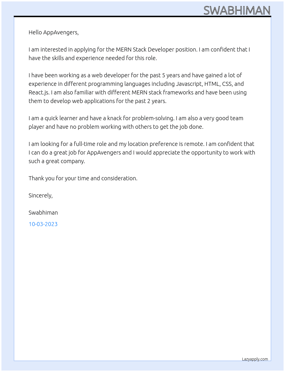 MERN Stack Developer At AppAvengers Cover Letter