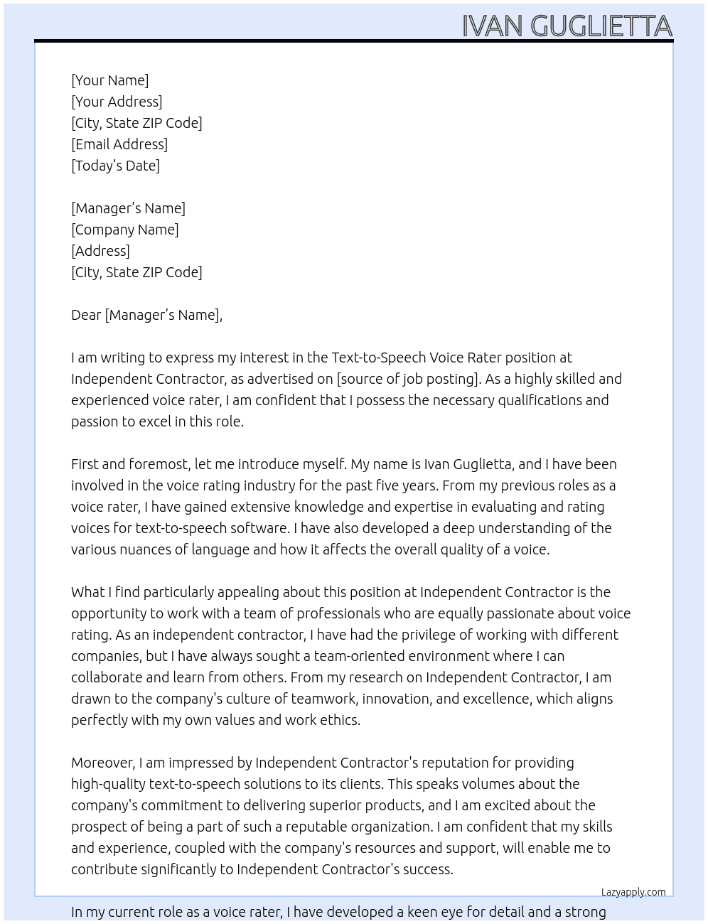 Text-to-Speech Voice Rater At Independent Contractor Cover Letter