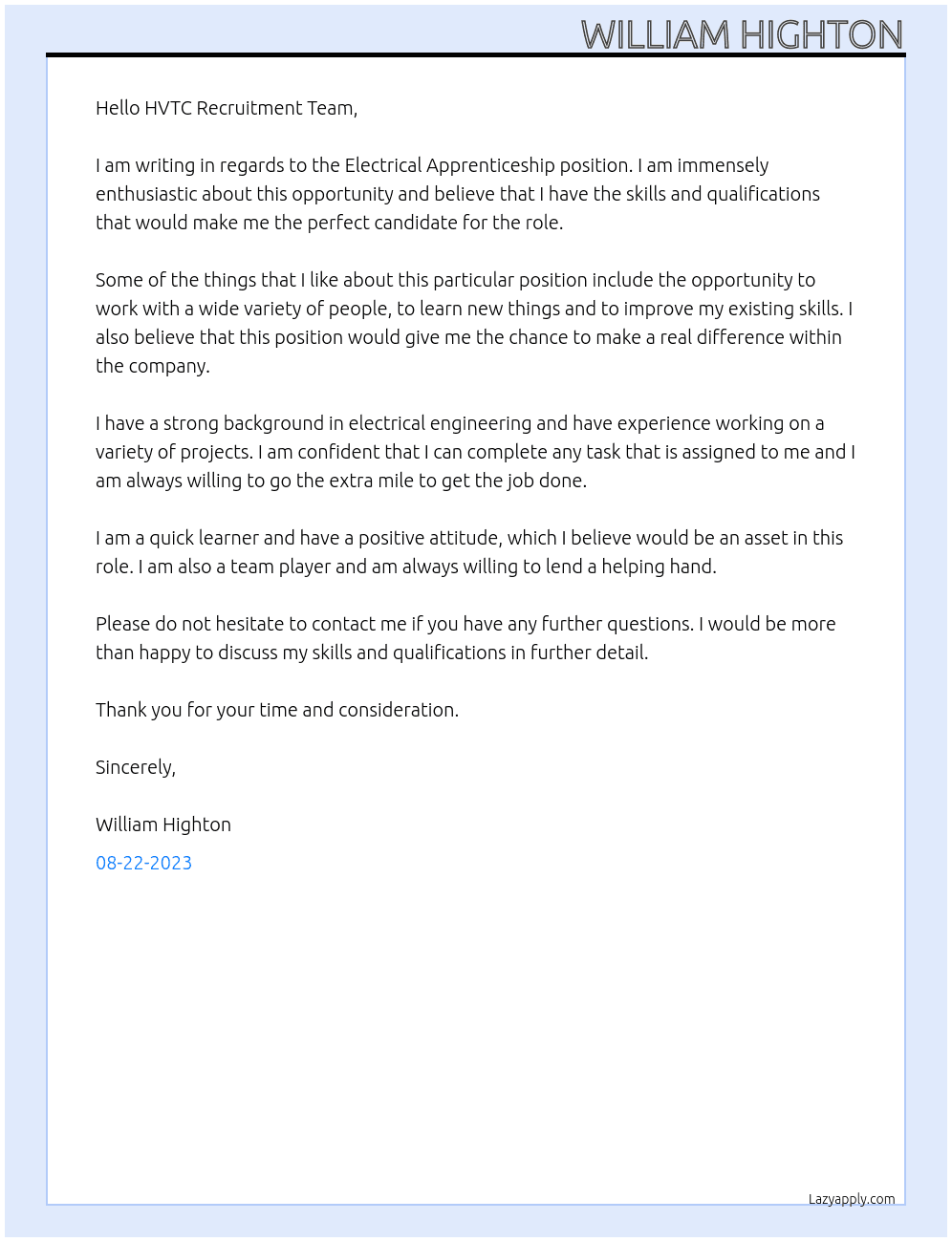 Electrical Apprenticeship  At HVTC Cover Letter