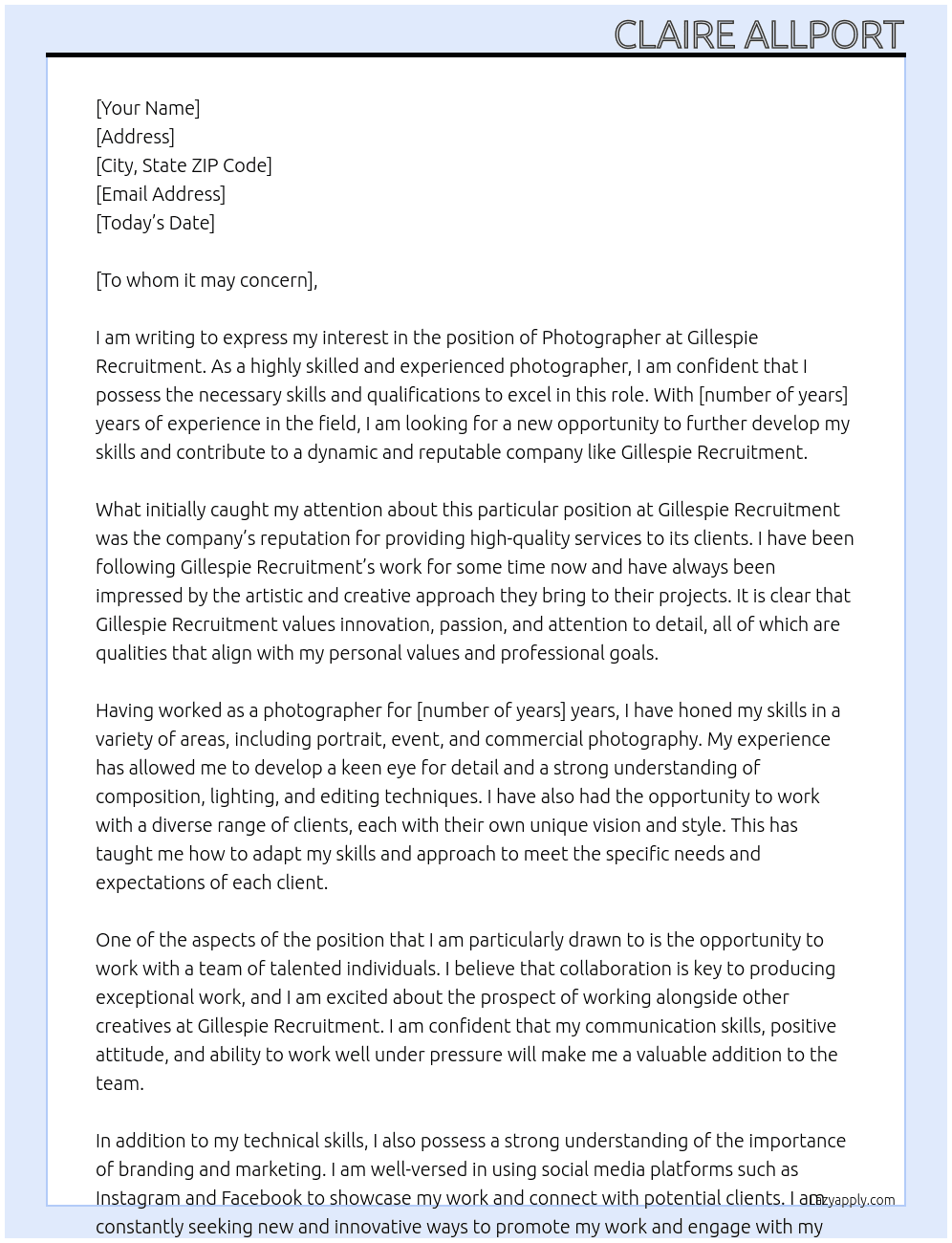 Photgrapher At Gillespie Recruitment  Cover Letter
