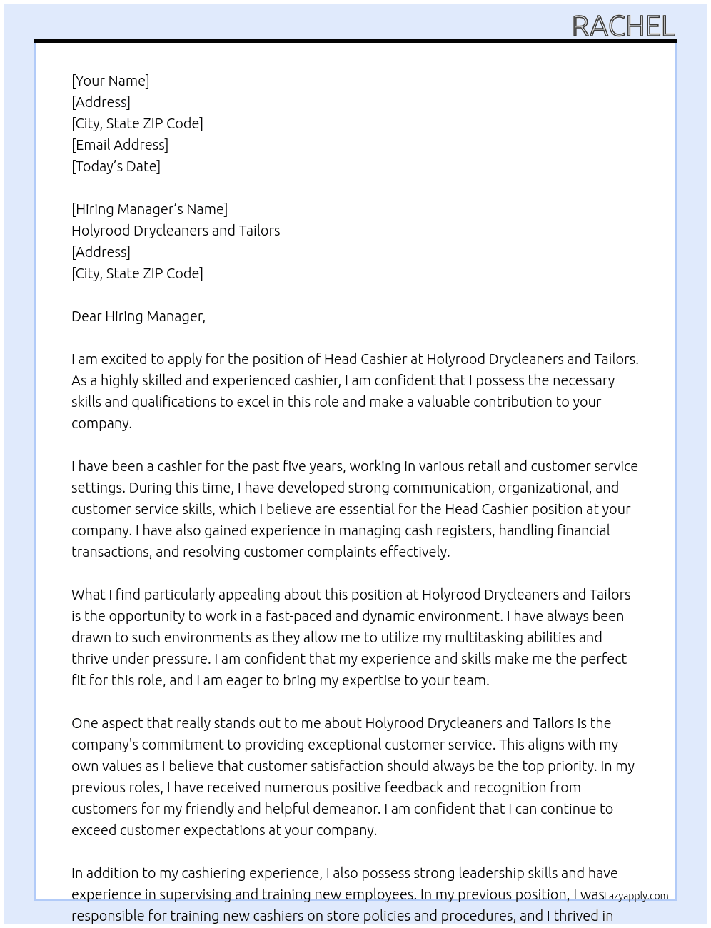 Head Cashier At Holyrood Drycleaners and Tailors Cover Letter