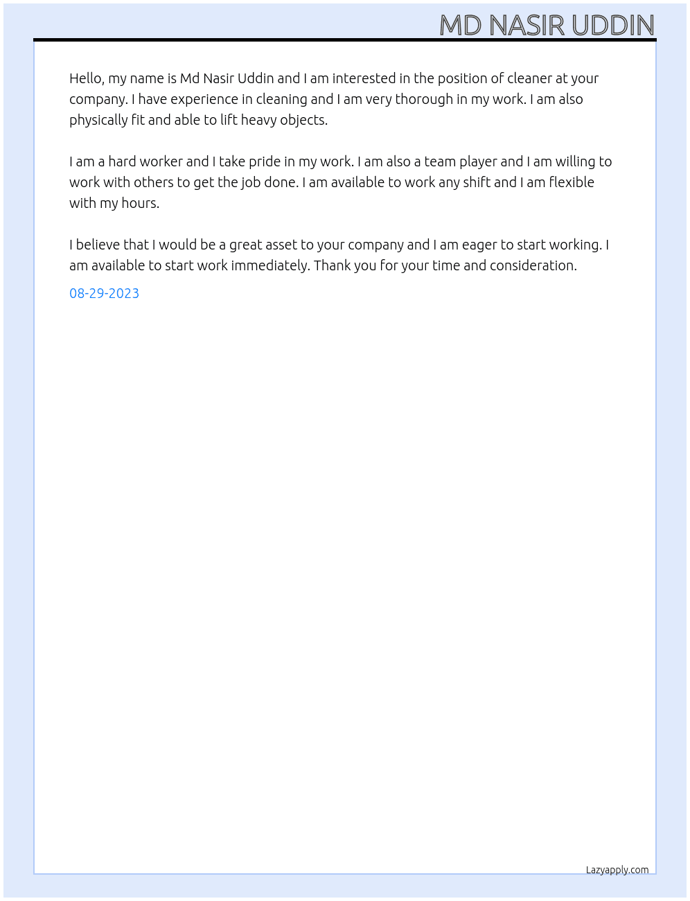 cleaner At work permit Cover Letter