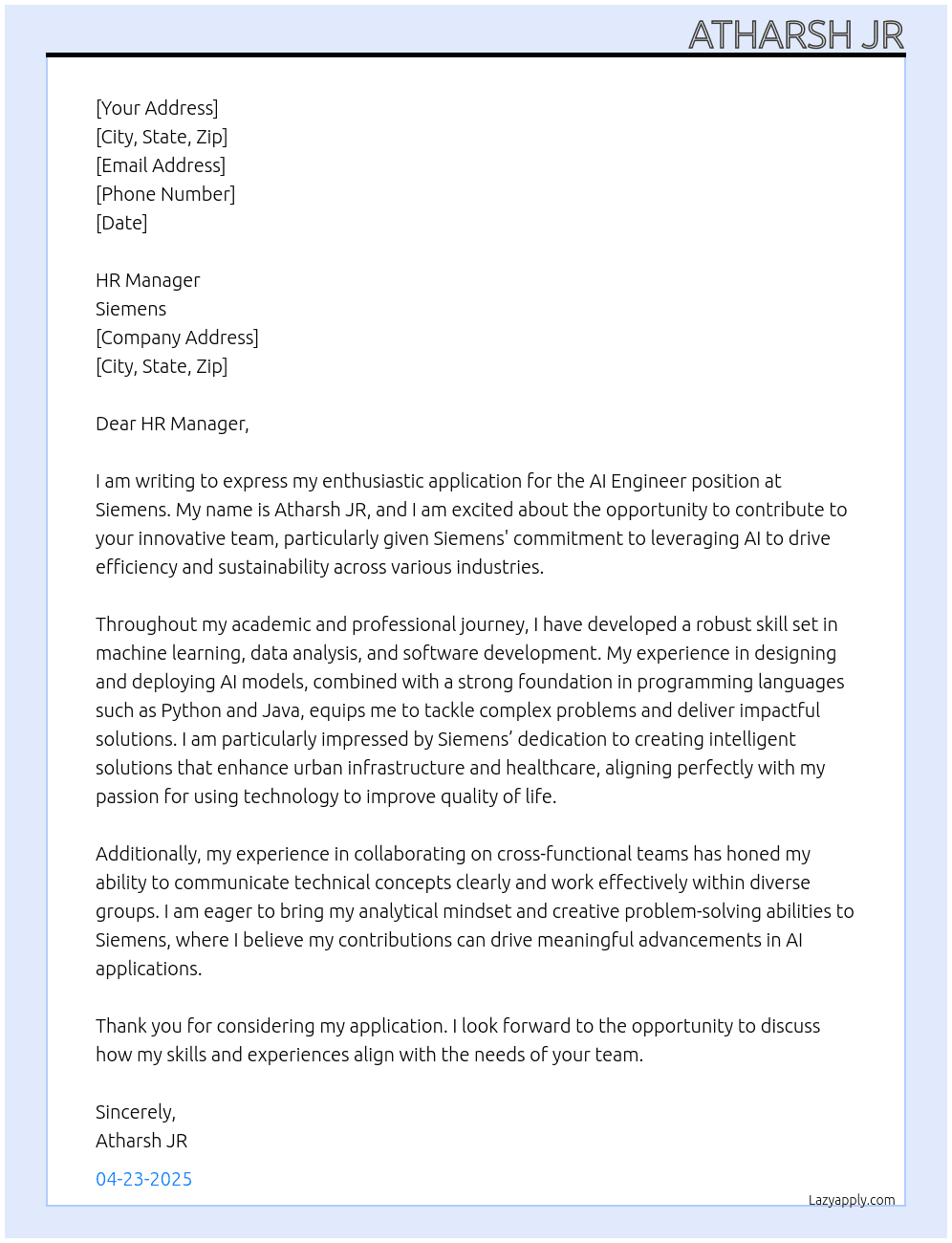 Ai engineer At siemens Cover Letter