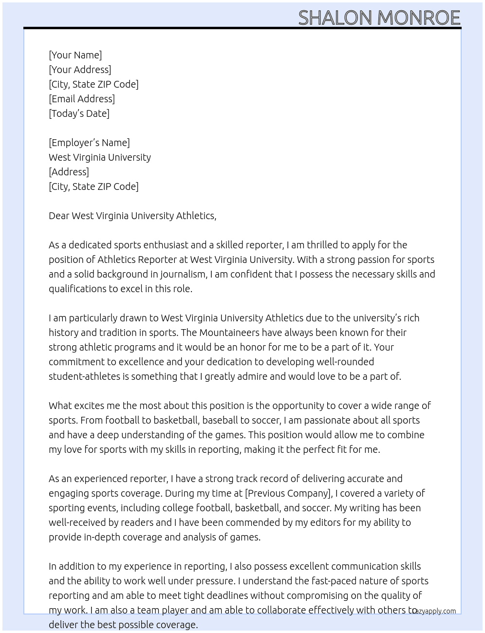 Athletics Reporter At West Virginia University  Cover Letter