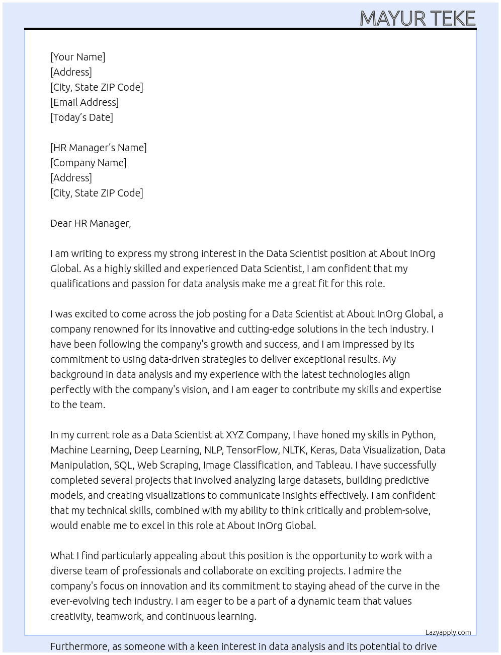Data Scientist  At About InOrg Global Cover Letter