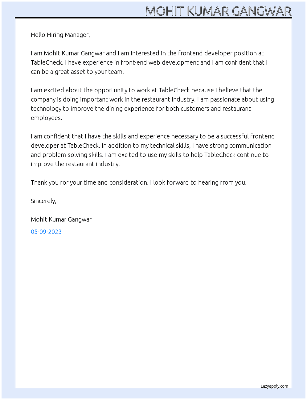 Frontend developer At TableCheck Cover Letter
