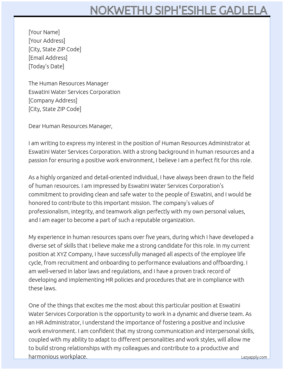 Human Resources Administrator  At Eswatini Water Services Corporation  Cover Letter