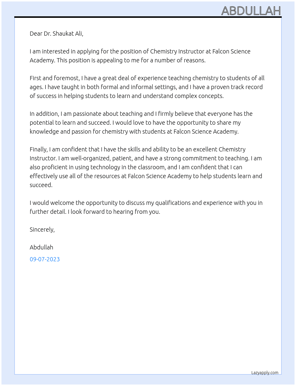 Chemistry Instructor At Falcon Science Academy  Cover Letter